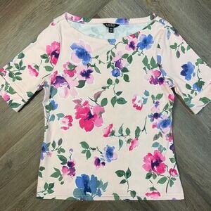 Lauren Ralph‎ Lauren Womens Top XL Pink Blue Floral Print Boat Neck Short Sleeve